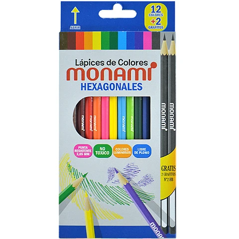 [NZ-00974] Caja de Lápices de Colores Hexagonales Monami 12 Colores + 2 Grafitos